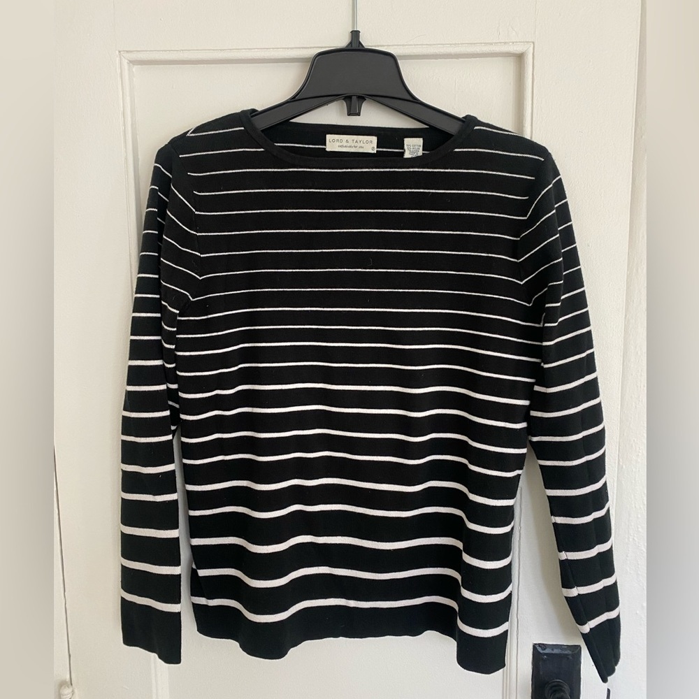 Lord & Taylor Black & White Stripe Long Sleeve Knit Top Size PL